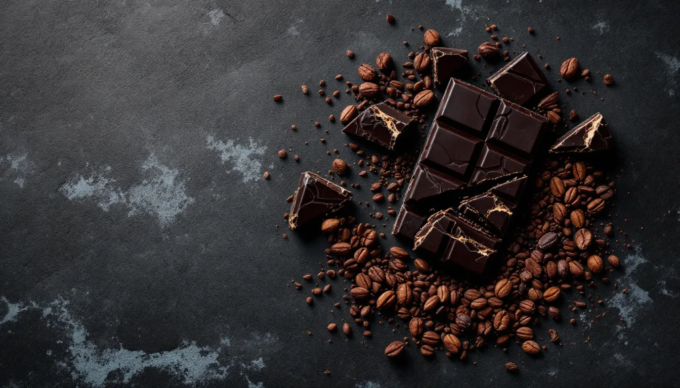 Broken dark chocolate bar with cacao nibs on charcoal stone, seen from above
