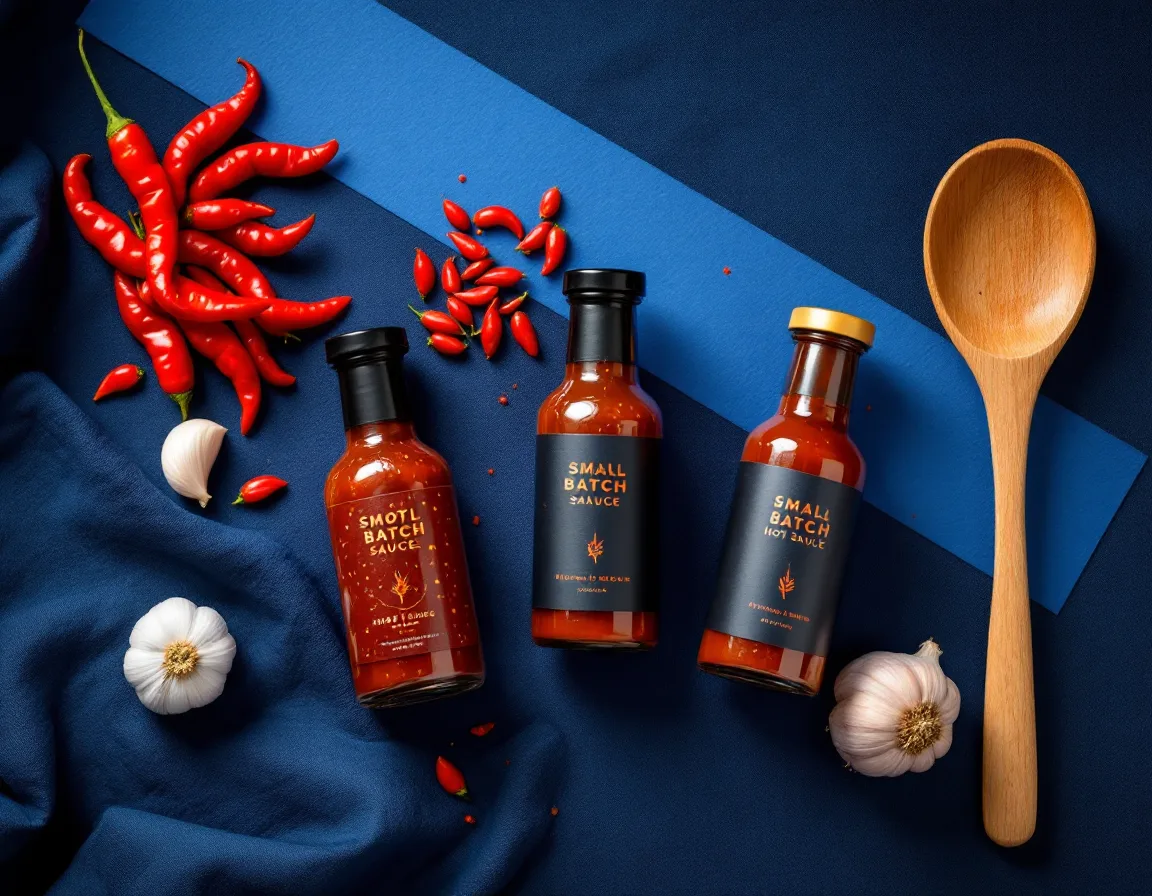 Flat lay of three hot sauce bottles with chilies and garlic on navy linen